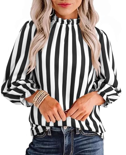 Avanova Women Polka Dot Long Sleeve Blouse Shirts Work Mock Neck Ruffle Top, Black White a, M