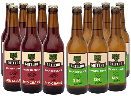 El Gaitero Spanish Cider Mix, Caja de 12 Botellas 33Cl (6 Uds sin y 6 Uds Red Grape)