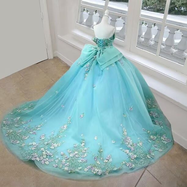 dideyttawl 3D Flower Tulle Prom Dress Off Shoulder Big Bow Full-Length Dresses for Sweet 164