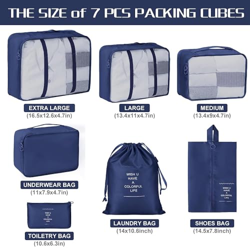 Image of 7pcs Set Travel Organizer Packing Cubes Lightweight Travel Luggage Organizers with Laundry Bag or Toiletry Bag Laundry Organiser. (Dark Blue)