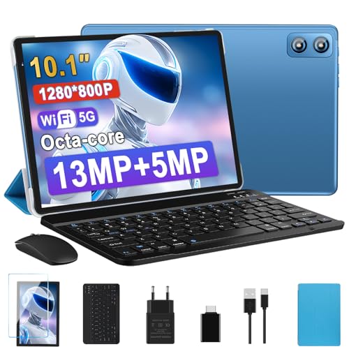 Biegedy WOZIFAN Tablette 10 Pouces Android Tablette，2.0 GHz Octa-Core 6GB RAM + 128GB ROM (TF 1TB)，8000mAh/5GWiFi/Bluetooth 5.0/GMS/13MP+5MP/1280 * 800, Tablette Tactile Clavier et Souris-Bleu