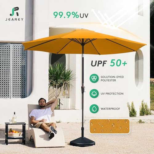 Image of JEAREY 9FT Outdoor Patio Umbrella Outdoor Table Umbrellas with Push Button Tilt and Crank, Market Umbrella 8 Sturdy Ribs UV Protection Waterproof for Garden, Deck, Backyard, Pool (Sun Orange)