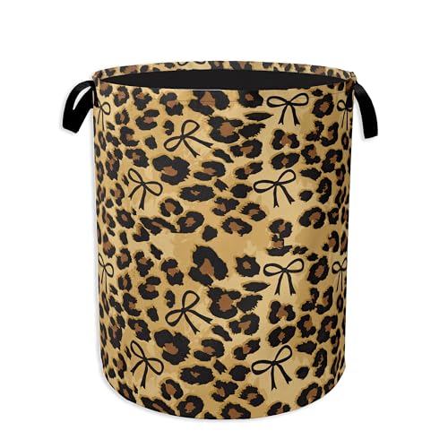 Image of Brow Leopard Laundry Basket,Black Bow Clothes Hamper,Oxford Cloth Collapsible Nursery Hamper Storage Organization for Bedroom,Bathroom,Office,College Dorms,16x20 Inch