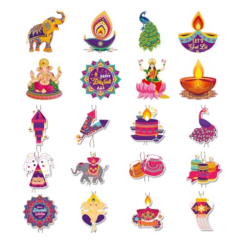 20 Pcs Diwali Decorations for House Diwali Rangoli Hanging Decoration Indian Home Pendant Ornaments Gifts Diyas Lantern Candles Patterns Festival Hangings Sign for Wall Door Office Pooja Decor Items