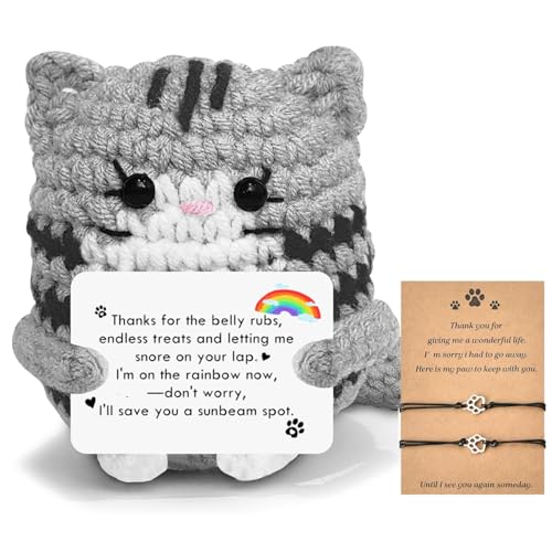 AramWelfare Pet Loss Sympathy Gift - Positive Crochet Cat with Memorial Sympathy Paw Print Bracelets - Pet Memorial Gifts for Grieving Friends in Memory of Cat (Grey)