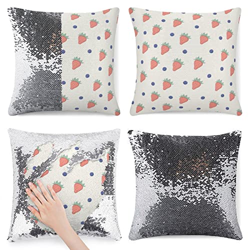 Paillettes Réversibles 1Pc Jeter Oreiller 15.7In Fraise Blueberry Motif Coussin Décoratif Couvertures Magic Turn Color pour Noël, Argent
