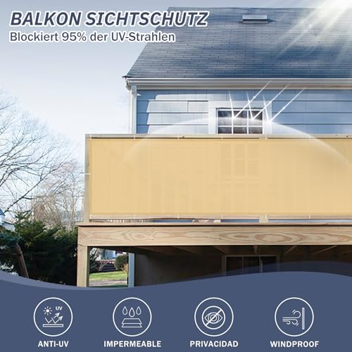 Image of HENG FENG Balcony Privacy Screen 75x500cm PES, Windproof and UV-Protection Screening for Outdoor Fencing and Protection, Ochre