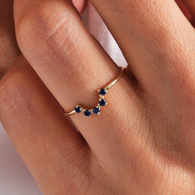 V Shaped Sapphire Engagement Ring 14K Solid Gold Chevron Band, Multi Birthstone Curved Wedding Band Women, Five Blue Wishbone Ring - GJH1932