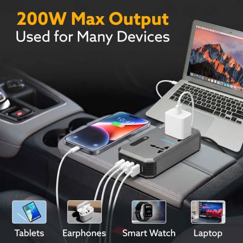 Image of AGARO Elite 200W Car Power Inverter, 7-in-1 Converter with PD36W Type-C, QC3.0 30W USB-A, 2 AC Outlets, Car Outlet, Master Switch & LCD Display for Laptops & Phones