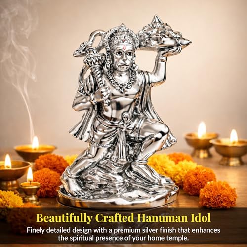Image of Silver Plated Standing Hanuman Idol - 5.5 Inch Divine Bajrangbali Statue Holding Dronagiri Mountain for Home Mandir and Office - Auspicious Vastu Decor and Spiritual Gift