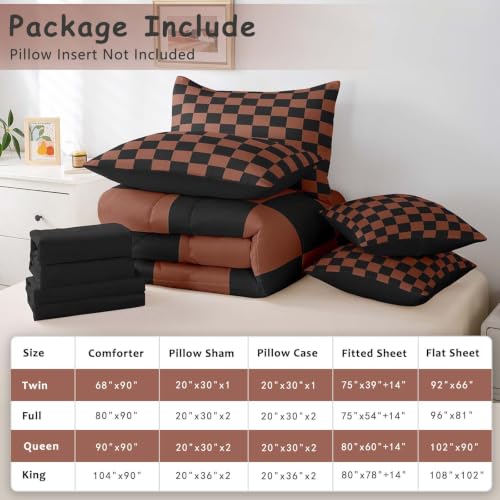 Image of Feelyou Checkered 7 Piece Bedding Set Teen Brown Black Plaid Comforter Set with Sheets King Size Kids Boys Cute Retro Neutral Checkerboard Geometric Bed in a Bag Vintage Aesthetic Room Decor