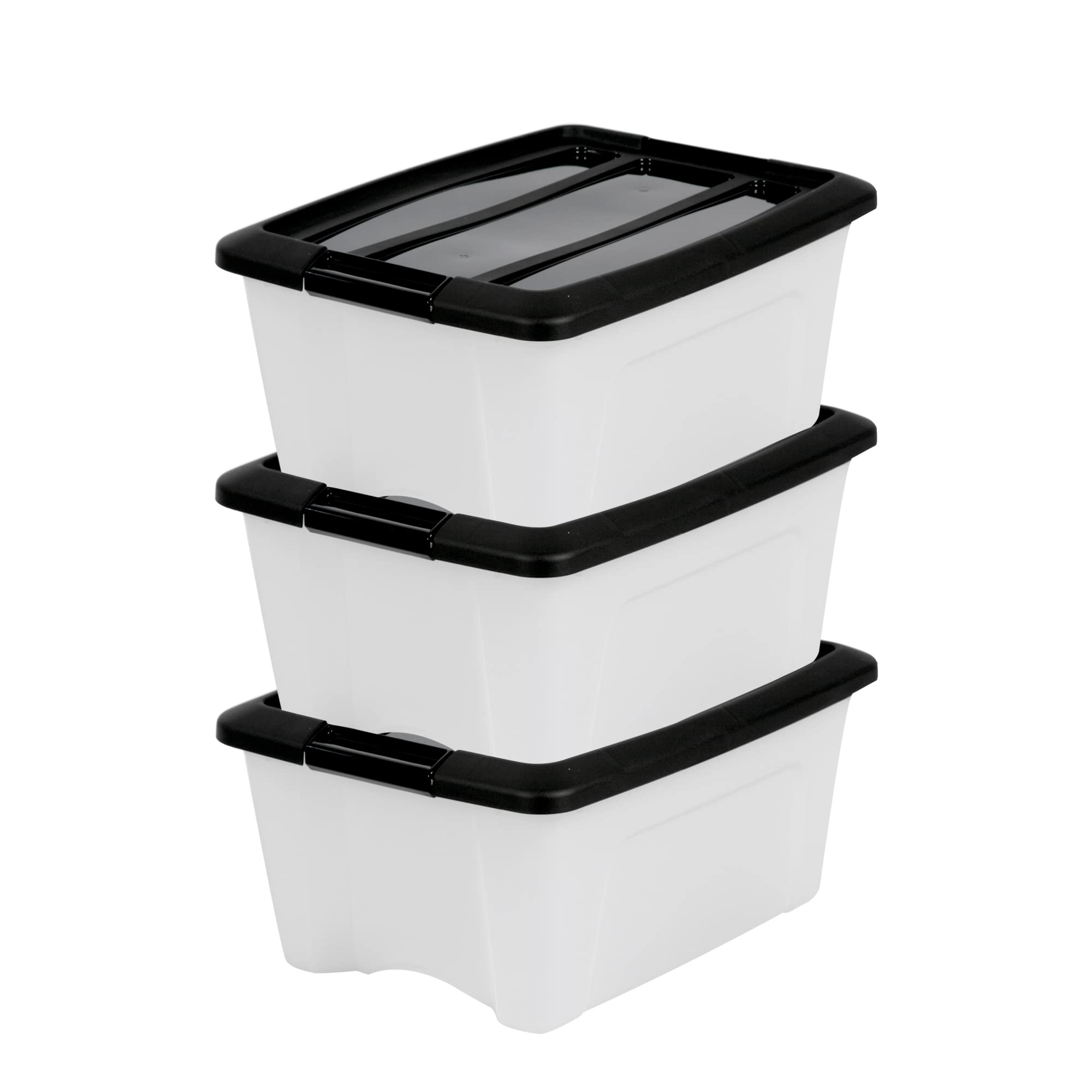 Iris Ohyama Storage Boxes with Lids, 15L, Set of 3, Black, Secure Buckles, Stackable, Pull-Handles, For Bedroom, Closet, Office, Organisation, BPA Free Plastic, Clothes Tote, NTB-15