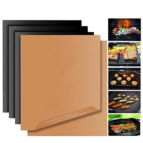Grill Mat Set of 5 Non Stick BBQ Non Stick Copper BBQ Bake Sheets Dishwasher Safe PTFE Teflon Fiber Grill Roast Heavy Duty,Reusable for Gas, Charcoal, Electric Grill Outdoor Indoor ( Gold & Black)