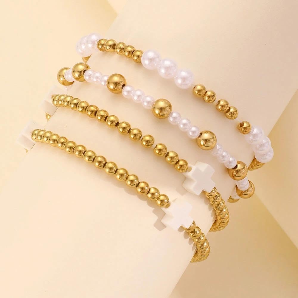 Cross Bracelets for Women Trendy Gold Beaded Stackable Bracelets Dainty Preppy Bracelet Set Simple Pearl Stretch Bracelet Charm Jewelry Gift - Image 4