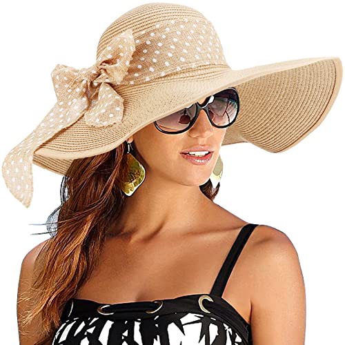 DRESHOW Femme Capeline Chapeau de Paille Chapeau à Large Bord Casquettes Anti-Soleil Respirant Pliable Rouleau Plage Cap Chapeau de Soleil UPF 50+