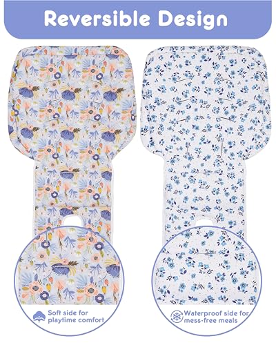 Image of Baby High Chair Cover Replacement, Reversible & Waterproof High Chair Cushion Pad Home & Restaurant use, Includes 5-Point Harness Strap, Chair Not Included - Blue