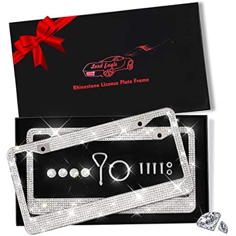 Lord Eagle License Plate Frame, 2 Pack Rhinestone License Plate Frames with GiftBox and 7 Shiny Crystal Rows,Over 1050 pcs 14 Facets SS16 Finest Handcrafted Luxury (White Rhinestones) Cover