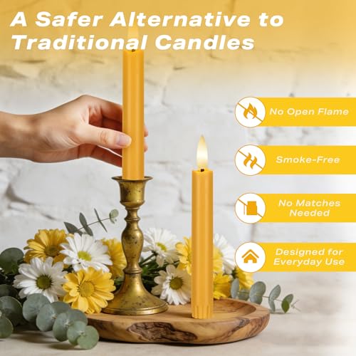 Image of Yellow Flameless Taper Candles with Remote, 6.4 inch Battery Operated LED Candles, Flickering Flameless Candlesticks for Table Centerpieces, Wedding, Farmhouse, Dinner Decor, Set of 6