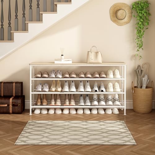 Image of SUOERNUO Shoe Rack Organizer 4 Tier for Closet Entryway Free Standing Metal Storage Shoe Shelf with MDF Top Board (White+Oak, Large 4 Tier)