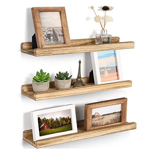 Emfogoo Wandregal 3er Set, Schweberegal Holz Maximale Belastung 10 kg, 43x11cm Wandregale mit Kante für Küche Badezimmer Wohnzimmer Schlafzimmer Büro(Rustikales Braun)