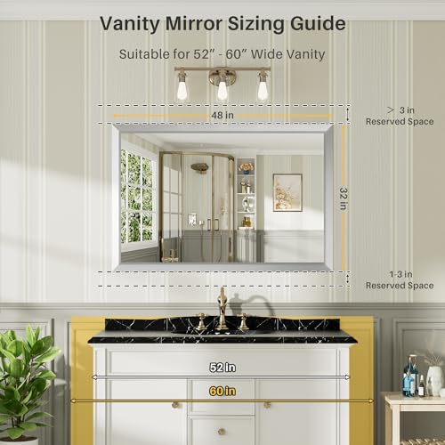 48x32 Inch Silver Bathroom Mirror for Wall, Thick Metal Framed Rectangle Mirrors for Over Sink, Bedroom, Living Room, Entryway, Anti-Rust, HD Tempered Glass