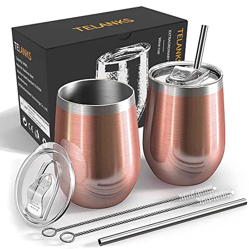 2 Stücke Edelstahl Kaffeebecher To Go, 350ml Kaffeetasse mit Trinkhalm und Deckel, Thermobecher Isolierender Wiederverwendbarer Reisebecher für Kaffee Tee Wein und Cocktails, Roségold