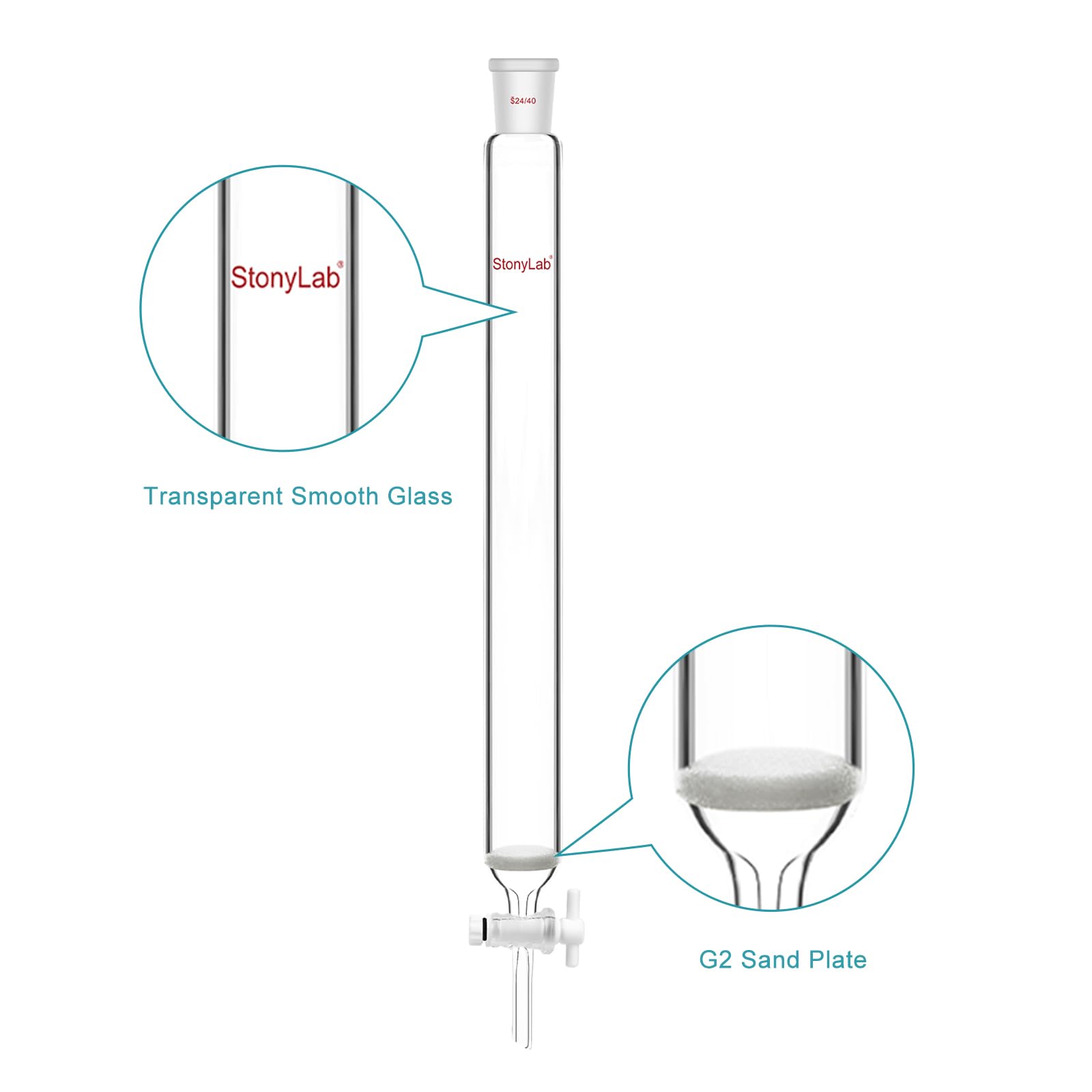 stonylab Columna de Cromatografía, Diámetro Interno de 38 mm, Longitud Efectiva de 305 mm, Disco Sinterizado G2, Junta Esmerilada 24/40, Vidrio de Borosilicato para Uso en Laboratorio