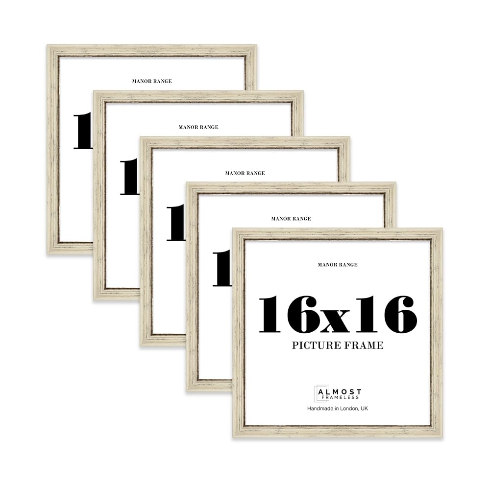 16x16 Picture Frame, Display 16x16 Pictures (40.6 x 40.6cm) - Distressed Cream Bold 42mm Edge Gallery Wall - 5 Pack