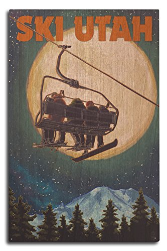 Ski Utah, Ski Lift and Full Moon Birch Wood Wall Sign (10x15 Rustic Home Decor, Ready to Hang Art)