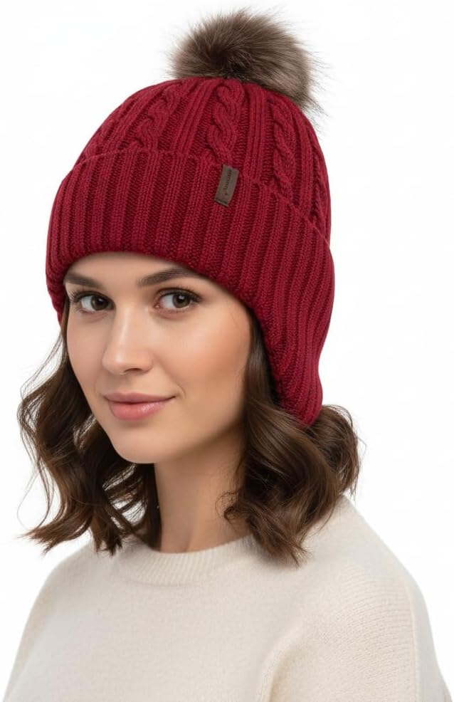 Comhats Warm Wool Fleece Lined Ear Flap Detachable Pompom Beanies Gifts Cold Weather for Women