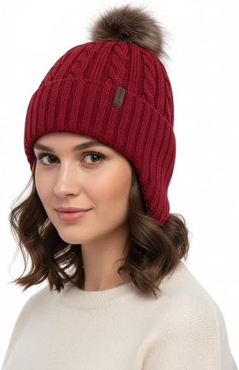 Comhats Warm Wool Fleece Lined Ear Flap Detachable Pompom Beanies Gifts Cold Weather for Women