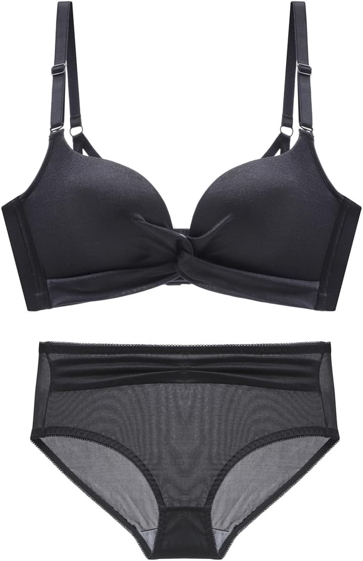 GenericFull Coverage Wire-less Bra and Panty, Adjustable and Detachable Shoulder Strap, Push-up Bra and Panty Under-wear Set for Natural Lifted Shape (001) (Medium (A-B), Black)
