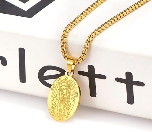 Miniatura 5 de Collar de acero inoxidable con medalla ovalada de San Benito, Cristóbal, Miguel, Juda, Jesús, Virgen de GuadalupeVirgen de Guadalupe para hombres,