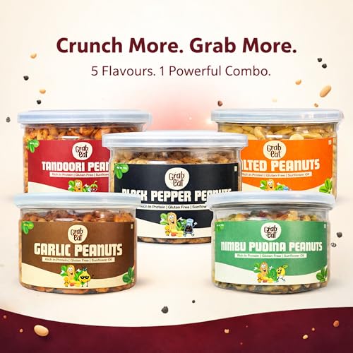 Image of Grab N Eat Flavoured Peanuts Combo Pack of 5 | Nimbu Pudina, Tandoori, Garlic, Black Pepper & Salted | Roasted Crunchy Protein Snack | Healthy Evening Snack | 5 x 125g