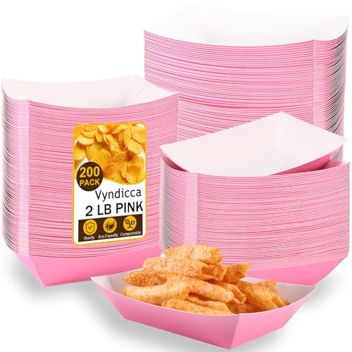 Vyndicca Paper Food Trays, 200 Pcs 2 Lb Disposable Food Boats - Pink Nacho & Hot Dog Trays for Party, Picnic, Carnival Supplies - Holds Nachos, Fries, Cheese Sauce by Vyndicca - Used condition - US$22.41