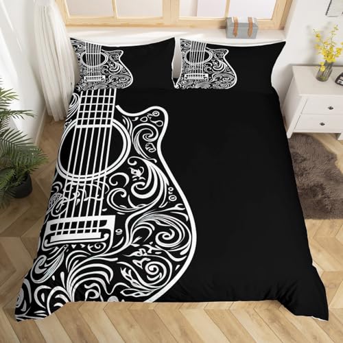 Guitar Duvet Cover Music Themed Guitar Bedding Set Guitar Instruments Print Comforter Cover for Boys Girls Kids Room Decor Stylish Black White Lightweight Bedspread Cover Queen Size With 2 P