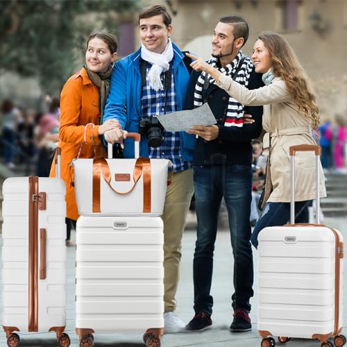 Image of AnyZip Luggage PC ABS Hardside Lightweight Suitcase with 4 Universal Wheels TSA Lock 20 24 28 Inch, White Brown, 5 piece set, Fashion