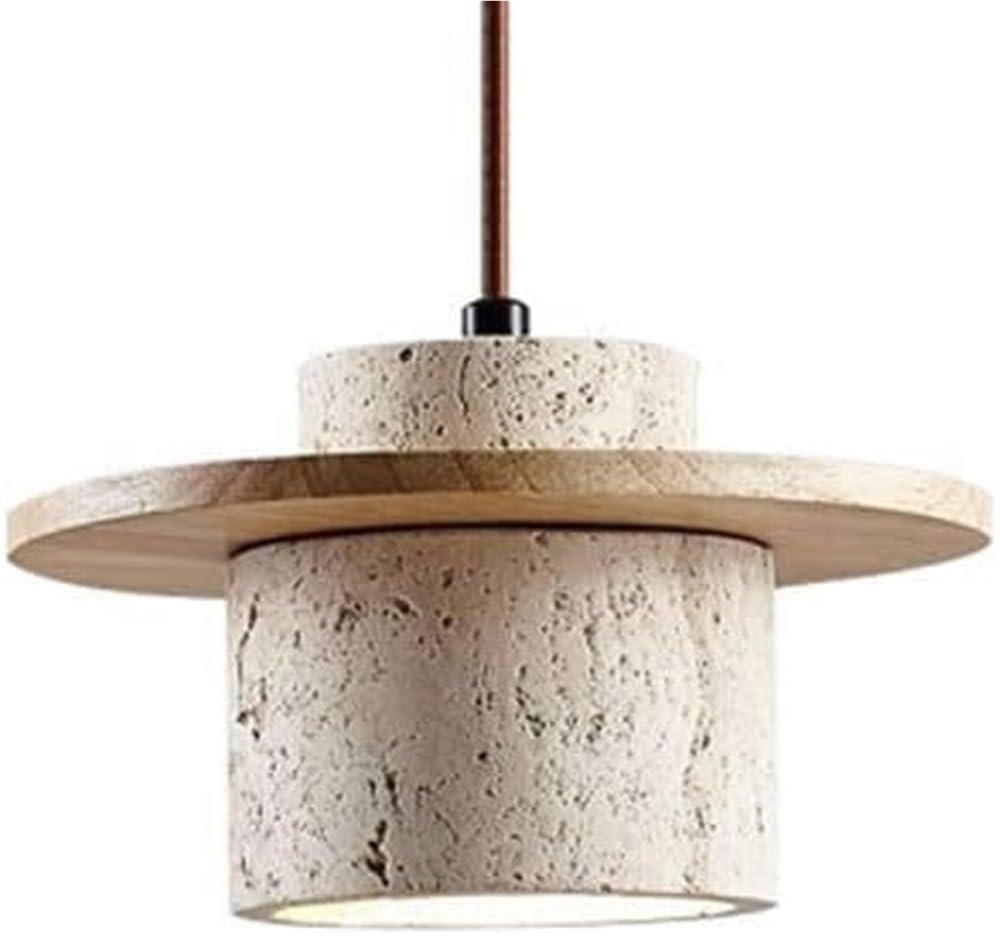 Suspension rustique japonaise cylindrique vintage en bois et pierre E27