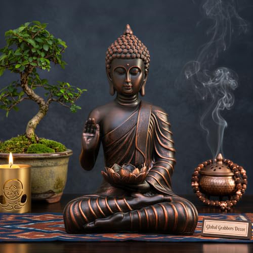 Image of Blessing Lotus Buddha Statue for Home Decor | Buddha Idol for Home Decor | Home Decoration Items for Living Room | Showpiece & Show Pieces for Home Decor Living Room|DB2 (Antique Copper)