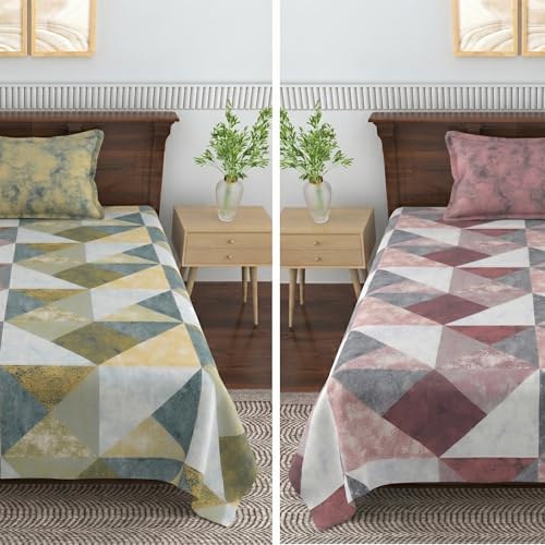 Image of Mafatlal Cotton Single Bedsheet Combo Pack of 2 with Pillow Covers | Soft Printed Bed Sheets for Daily Use | Breathable Bedding Set | Green & Violet