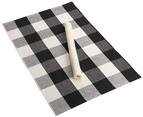 Buffalo Check Rug Woven Farmhouse Kitchen Rug with Anti Slip Mat Black White Buffalo Plaid Rug Washable Checkered Cotton Mat Porch Area Rug for Outdoor Patio Decor,23.6