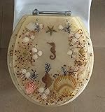 ELONGATED BEIGE SEASHELL and SEAHORSE RESIN TOILET SEAT, CHROME HINGES