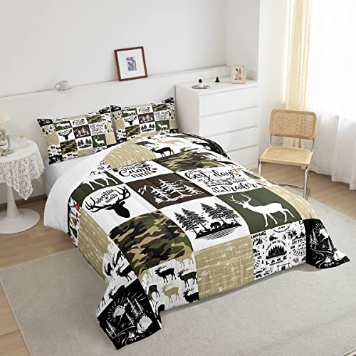 Spefrowx Happy Camping Camper Bedding Set Green Camouflage Comforter Set Deer Wildlife Quilt Comforter Rustic Farmhouse Style Bedroom Decor Moutains Trees Arrows Patchwork Quilt Duvet,Queen #TOP3