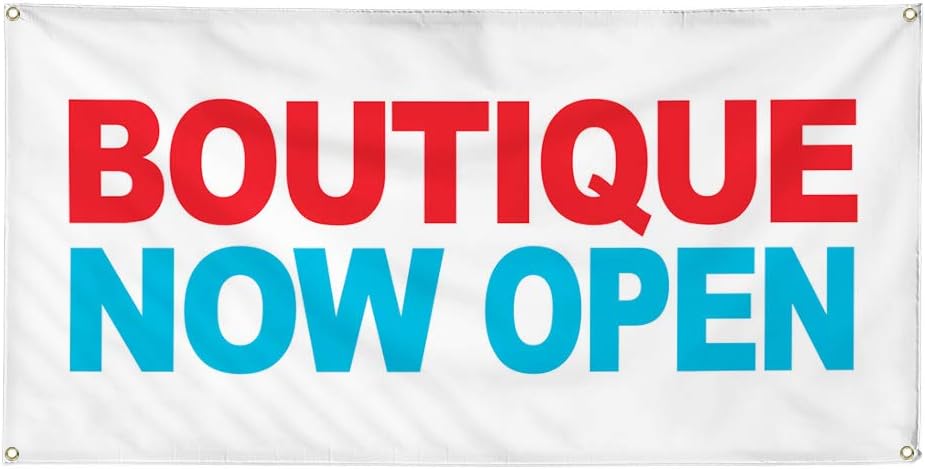 Vinyl Banner Multiple Sizes Boutique Now Open Red Blue Business Outdoor Weatherproof Industrial Yard Signs 4 Grommets 24x36Inches
