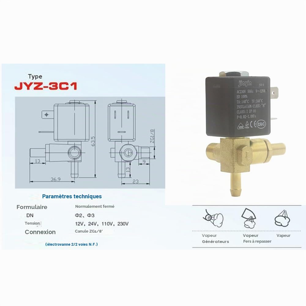 Jiayin JYZ-3 G1/8" AC 230 V 3 voies 10 Bar Électromagnétique Micro-aimant Eau Vapeur Fer Chaudière Valve