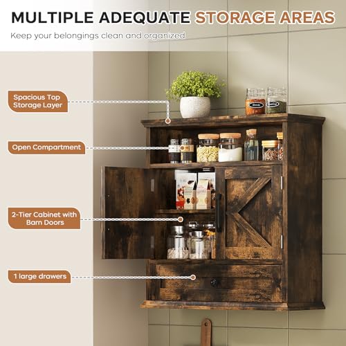 Image of Bathroom Wall Cabinet, Wall Mounted Medicine Cabinet 24.4 inchH x 23.6 inchW x 9 inchD | With Drawer, Barn Doors & Adjustable Shelf, Rustic Brown Over Toilet Farmhouse Cabinet for Kitchen, Laundry Room, Entryway