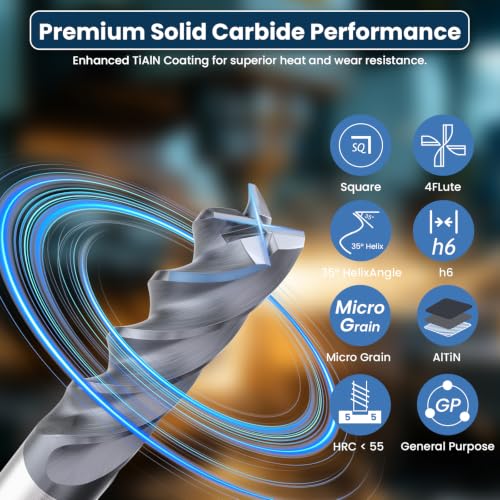 Image of Carbide Square End Mill - 4 Flute - 3 /16 inch-4T (5 Piece, 3 /16 inch) - for Milling Alloy Steels, Hardened Steel, Metal & More - Mill Bits Sets for DIYers & Professionals by LU&MN