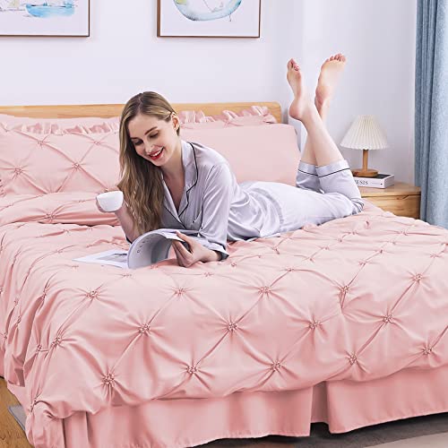 JOLLYVOGUE Pink Cal King Size Comforter Sets 7 Pieces,Pintuck Bed in a Bag Comforter Set for Bedroom, Bedding Comforter Sets with Comforter, Sheets,Ruffled Shams & Pillowcases