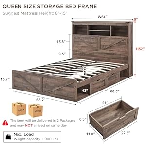 Farmhousequeensizewoodbedframewith52tallstorageheadboardand4drawersledlightchargingstationsolidwoodslatssupportnoiselessnoboxspringneededwarmbrown Urban Country Home Decor Farmhouse queen size wood bed frame with 52 tall storage headboard and 4 drawersled lightcharging stationsolid wood slats supportnoiselessno box spring neededwarm brown urban country home decor