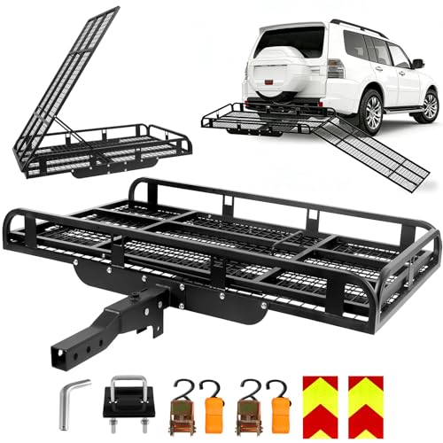 XTHAPY 1250 LBS Trailer Hitch Cargo Carrier with Ramp 55x34x9 Aluminum Hitch Cargo Carrier Foldable Wheelchair Carrier for Car Mobility Scooter Carrier with Hitch Tightener for Pickup SUV Van
